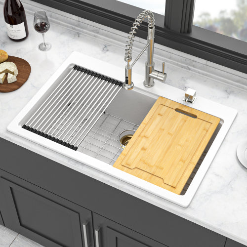 Quartz Kitchen Sink - 33" x 22" x 9.65" White granite composite Workstation Drop-in kitchen sink