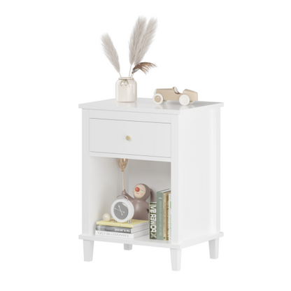 26.77''H Wooden Nightstand with One Drawer One Shelf for Kids, Adults, White+Golden handle