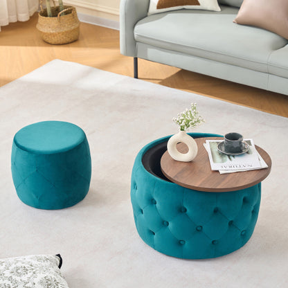 Blue 2-Piece Velvet Nesting Storage Ottoman Set, 4-in-1 Round Foot Stool with Wooden Tray, Ready to Use