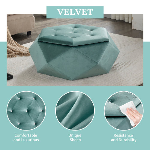 34 inch Green Polygon Velvet Storage Ottoman, Diamond Tufted Upholstered Footrest for Living Room & Bedroom Storage