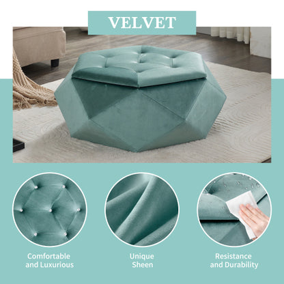 34 inch Green Polygon Velvet Storage Ottoman, Diamond Tufted Upholstered Footrest for Living Room & Bedroom Storage