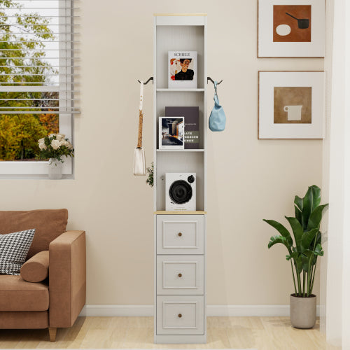 73 Inch Tall Slim Antique White Storage Cabinet 3 Drawers & Side Hooks Home Display Bookcase