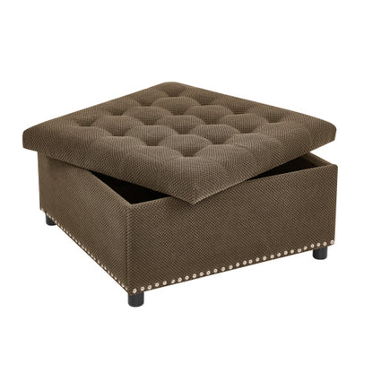 Dark Brown Tufted Square Storage Ottoman with Nailhead Trim, Upholstered Accent Foot Stool