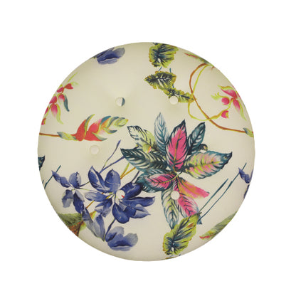 24 inch Round Upholstered Accent Ottoman, Beige Tropical Floral Woven Fabric Ottoman with Bullion Fringe