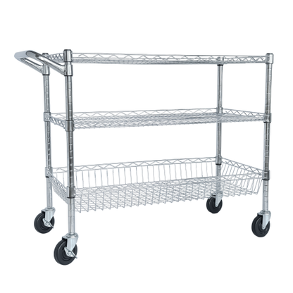 Heavy Duty Rolling Utility Cart,3 Tier Rolling Carts with Wheels,with Handle Bar  Shelf Liners,Storage Cart for Kitchen,Restaurant,Plant Display,Chrome