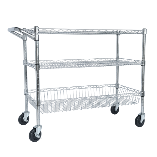 Heavy Duty Rolling Utility Cart,3 Tier Rolling Carts with Wheels,with Handle Bar  Shelf Liners,Storage Cart for Kitchen,Restaurant,Plant Display,Chrome