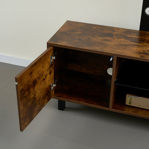 Rustic Brown Wood Glass TV Console, Push-to-Open Storage Cabinet for Up to 65 Inch TV
