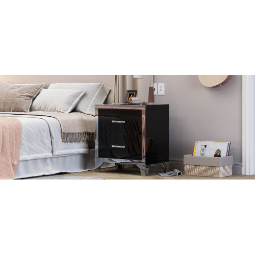 High Gloss Mirrored Nightstand with 2 Drawers,Modern End Table with Drawers,Mirrored High Gloss Wood Nightstand Metal Handle Bedside End Table for Bedroom, Dorm,Living Room,Black