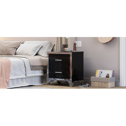 High Gloss Mirrored Nightstand with 2 Drawers,Modern End Table with Drawers,Mirrored High Gloss Wood Nightstand Metal Handle Bedside End Table for Bedroom, Dorm,Living Room,Black