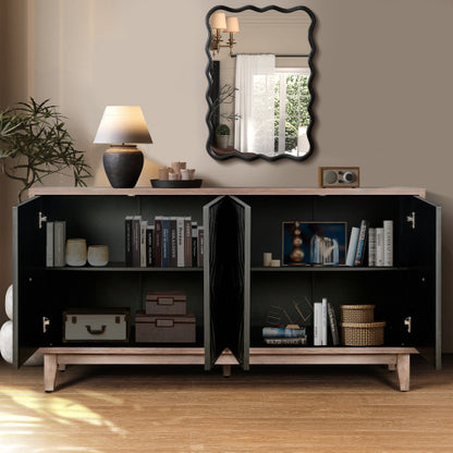 Mid Century Sideboard Buffet Cabinet with Solid Wood Legs and 4 Convex Pattern Diamond Doors