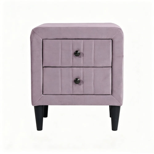 Light Pink Velvet 2-Drawer Upholstered Nightstand, 20inchW, Black Tapered Legs