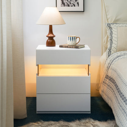 LED Nightstands 3 Drawer Dresser for Bedroom End Table with Acrylic Board LED Bedside Tables for Bedroom Living Room Bedside Furniture (White)