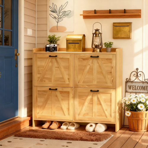 Light Oak Rustic Barn-Door Shoe Cabinet with 4 Flip Drawers, Sleek Space-Saving Entryway Organizer for Living Room