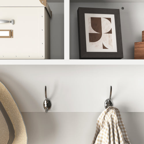 White Entryway Wall Mounted Coat Rack with 4 Dual Hooks Living Room Wooden Storage Shelf