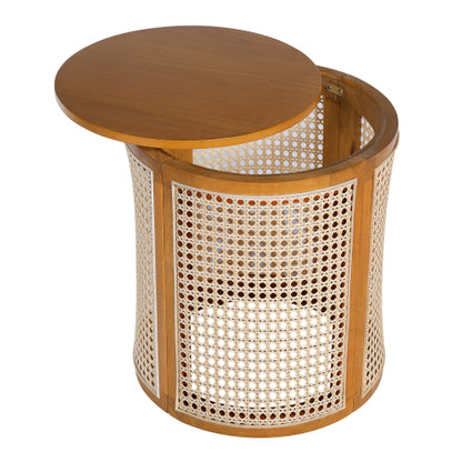 Ochre Round Rattan End Table, 15.7 Inch Woven Side Table with Rubber Wood Top, Small Accent Table for Bedroom Living Room