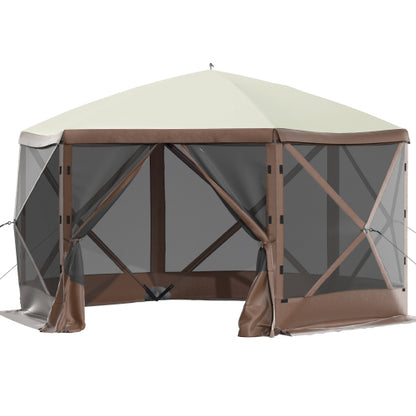 Camping Gazebo Tent, 10'x10', 6 Sided Pop-up Canopy Screen Tent for 8 Person Camping, Waterproof Screen Shelter w/Portable Storage Bag, Ground Stakes, Mesh Windows, Brown & Beige