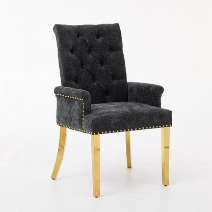 Single Black Tufted High-Back Chenille Arm Dining Chair, Nailhead Trim, S-Spring Cushion, Polished Stainless Steel Legs