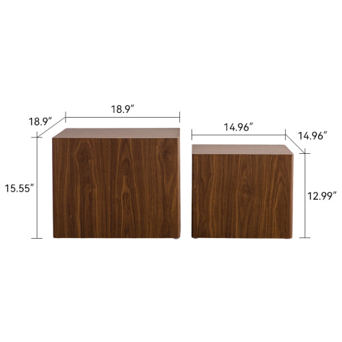 2-Piece Walnut Nesting Cube Coffee Table Set, MDF Wood Grain Side Tables Fully Assembled for Small Spaces