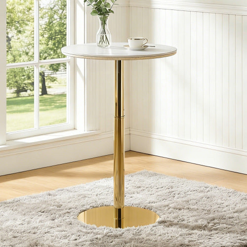 Rock slab circular tabletop non adjustable (39.5 inches high) bar table, bar table with gold legs and base (white+gold)