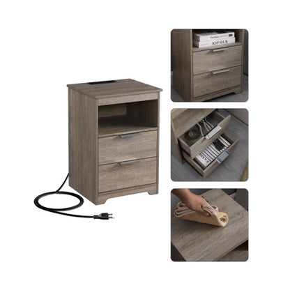 Gray Nightstand with Charging Station, 2 Drawers & Open Shelf Wooden Modern End Table