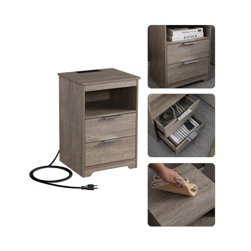 Gray Nightstand with Charging Station, 2 Drawers & Open Shelf Wooden Modern End Table
