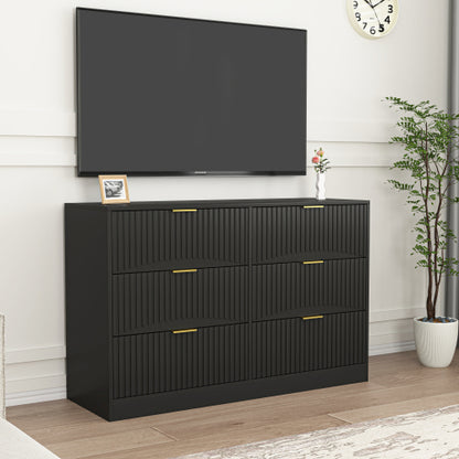 Modern 6-Drawer Dresser, Chest of Drawers for Bedroom, Living Room, Hallway, and Entryway - Large Storage Cabinet, Black,Drawer panel with wavy patterns