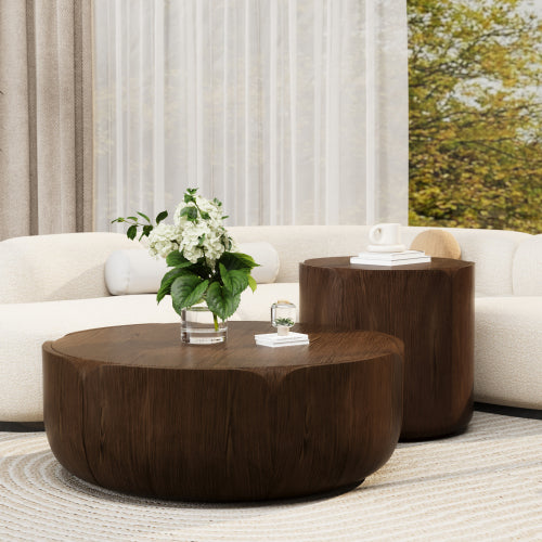 Round Outdoor Indoor Coffee Table Set, Modern Wood Grain Drum Center Table Set, Sturdy MGO (Magnesium Oxide) Waterproof, No-Assembly Table for Patio, Garden, Backyard, Living Room,Brown(Set of 2)