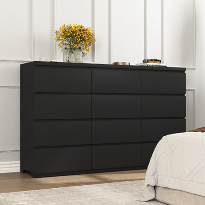 12 Drawers Double Dresser, Modern Wood Dresser Chest of Drawers with Large Storage Space for Bedroom, Black