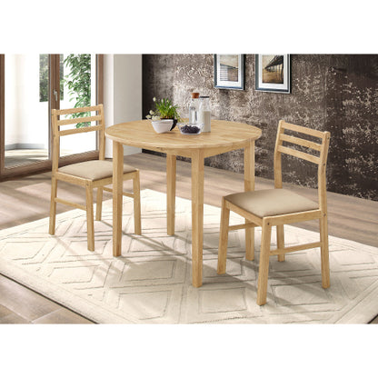 3-Piece Natural Wood Drop Leaf Dining Set, Compact Round Table with 2 Tan Fabric Upholstered Chairs