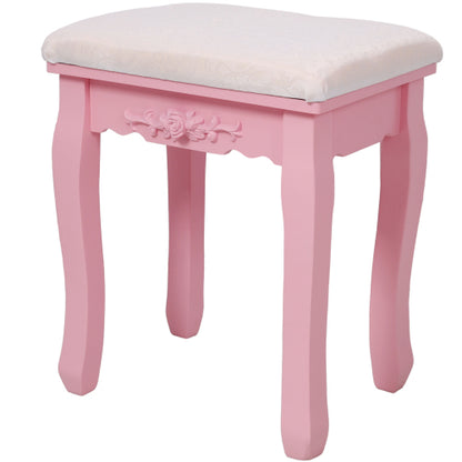 Pink Princess Vanity Desk Set with Mirror & Cushioned Stool, 4-Drawer Wooden Makeup Vanity Table for Girls' Bedroom, Dressing Table with Ample Storage