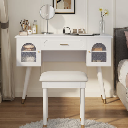 White Multi Purpose Vanity Table & Stool Set, Built in 2 Outlet & 2 USB Charging Port, Carved Glass Cabinet