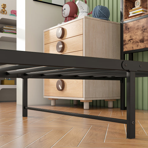 Twin Size Bed Frame with Storage Headboard, Metal Platform Bed with Charging Station,  Bookcase Storage, Easy Assembly