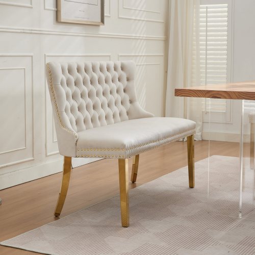 Velvet Double Dining Loveseat Bench, Kitchen & Dining Seating, 2-Seat Tufted Bench w/Handmade Buttons, Wing Back, Gold-Plated Steel Legs, Mid Century Modern,Single Pack,Beige