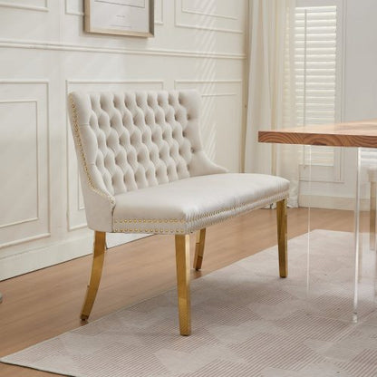 Velvet Double Dining Loveseat Bench, Kitchen & Dining Seating, 2-Seat Tufted Bench w/Handmade Buttons, Wing Back, Gold-Plated Steel Legs, Mid Century Modern,Single Pack,Beige