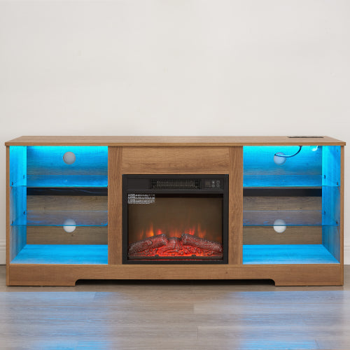 58 Inch Oak Electric Fireplace TV Stand Bluetooth RGB LED Light Media Console with Built-In Power Outlet for 65 Inch TV