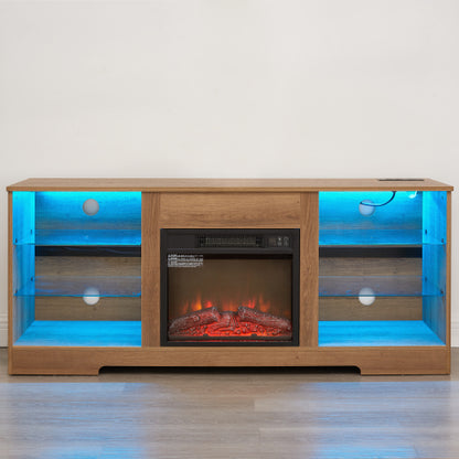 58 Inch Oak Electric Fireplace TV Stand Bluetooth RGB LED Light Media Console with Built-In Power Outlet for 65 Inch TV