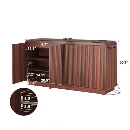 Walnut Handleless Fluted 4-Door TV Stand Built-In Power Outlet Adjustable 3-Tier Storage Cabinet Up To 85 Inch TV