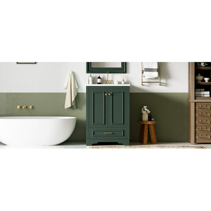 24'' Bathroom Vanity with Ceramic Sink Combo, Modern Freestanding Storage Cabinet with Silver Handles, Soft Closing Doors