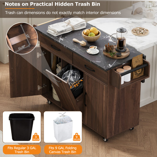 Walnut Brown Rolling Kitchen Island Cart With Trash Can Storage