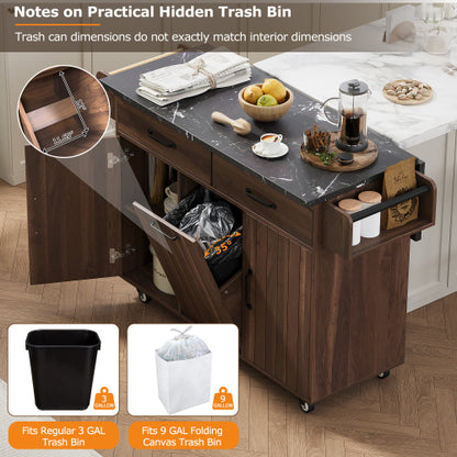 Walnut Brown Rolling Kitchen Island Cart With Trash Can Storage