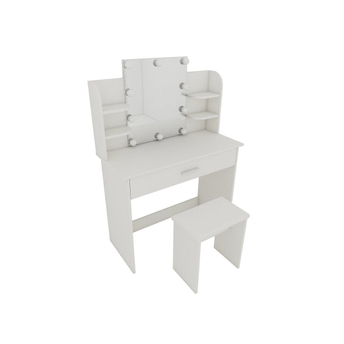 White One Drawer Dresser Vanity Table with Open Shelves, Adjustable Mirror & Matching Stool, Compact