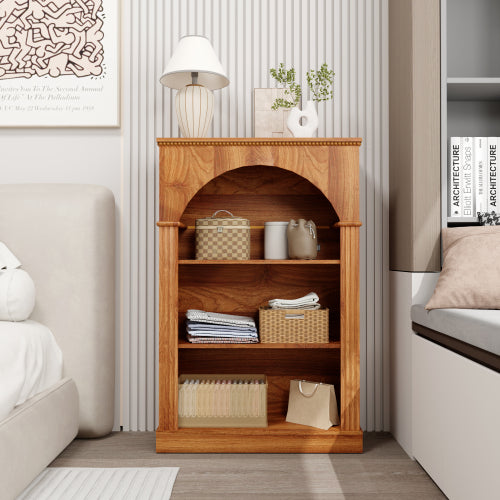 Light Walnut 3-Tier Arched Open Bookshelf Beaded Trim Eco-Friendly Wood Living Room Hallway Display Shelf