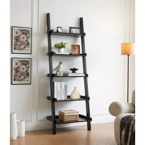 5-Shelf Ladder Bookcase with Multi-Depth Shelves and Side Barriers