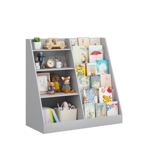 Gray 4-Tier Kids MDF Bookshelf, Multi-use Toy & Book Storage Unit for Nursery Playroom Bedroom