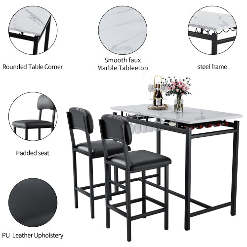 3-Piece Rustic Black Bar Set, Marble Surface Table & 2 Grey PU Chairs