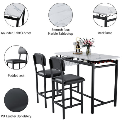 3-Piece Rustic Black Bar Set, Marble Surface Table & 2 Grey PU Chairs