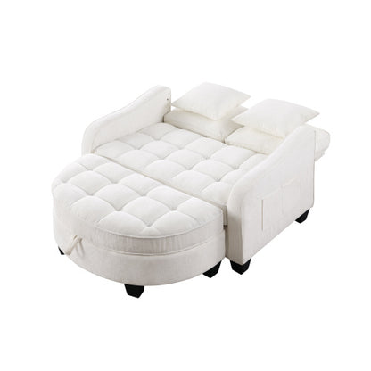 Beige 2-Seater Irregular Curved Sofa Chaise, Storage Footrest, 2 Throw Pillows