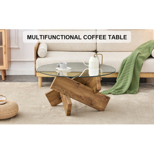 Modern Round Glass Coffee Table 33 Inch Tempered Top Wood Leg Living Room Table