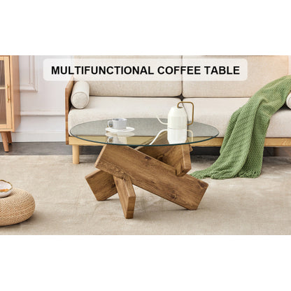 Modern Round Glass Coffee Table 33 Inch Tempered Top Wood Leg Living Room Table