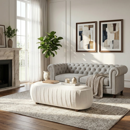 Oval Boucle Upholstered Ottoman with Rubberwood Legs, 300+ LBS Vintage Multifunctional Footrest Stool